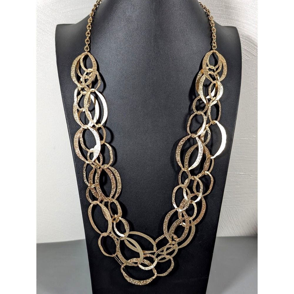 Gold Tone Textured Oval Chain Link Multi Strand Statement Necklace Lightweight 2